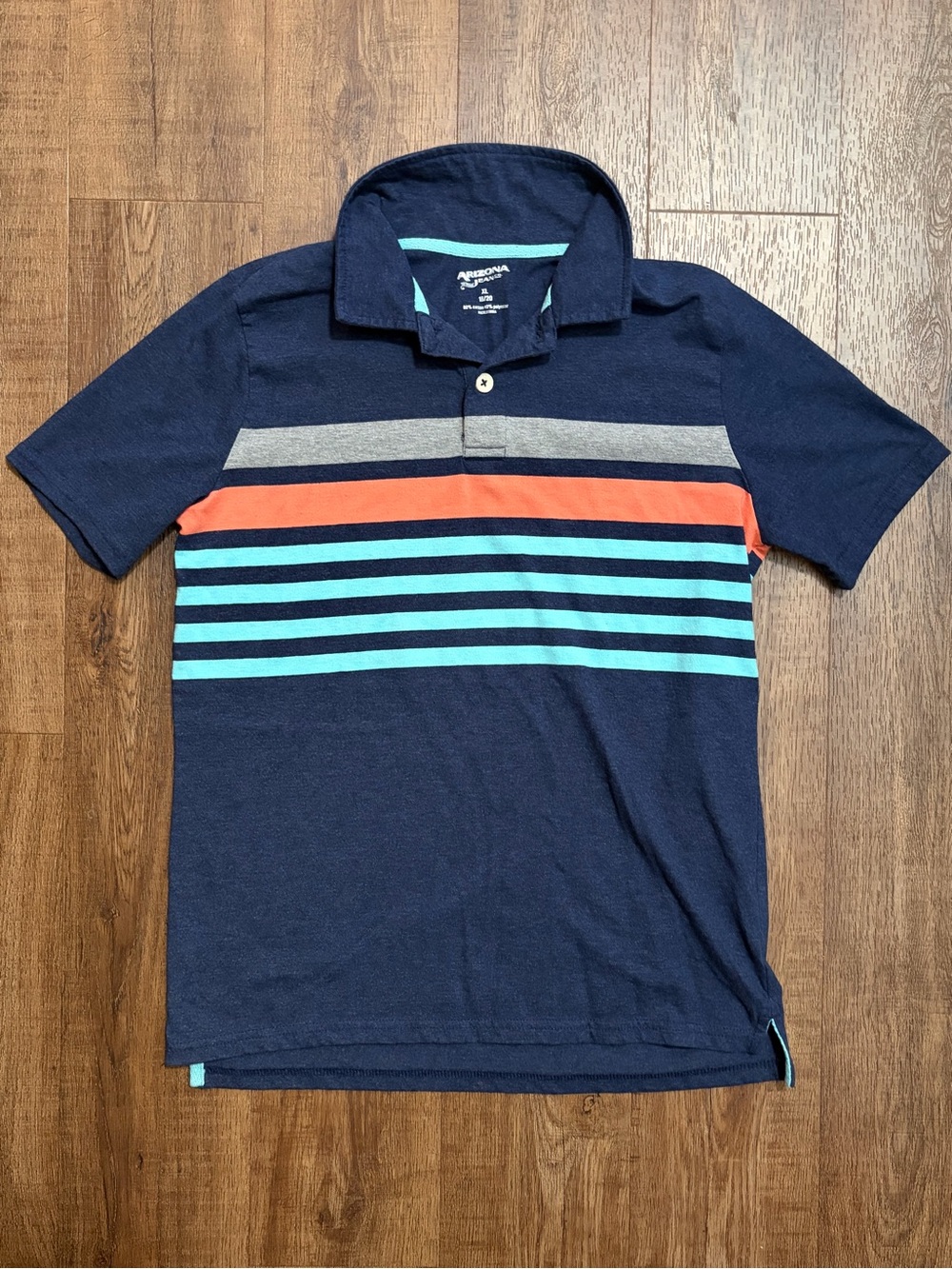 Arizona Jean Company Navy Polo with Aqua and Coral Stripe Detail